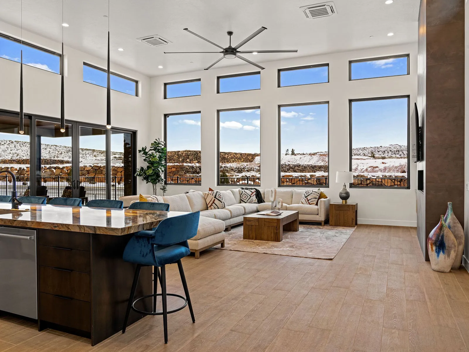 Great room under a row of high windows